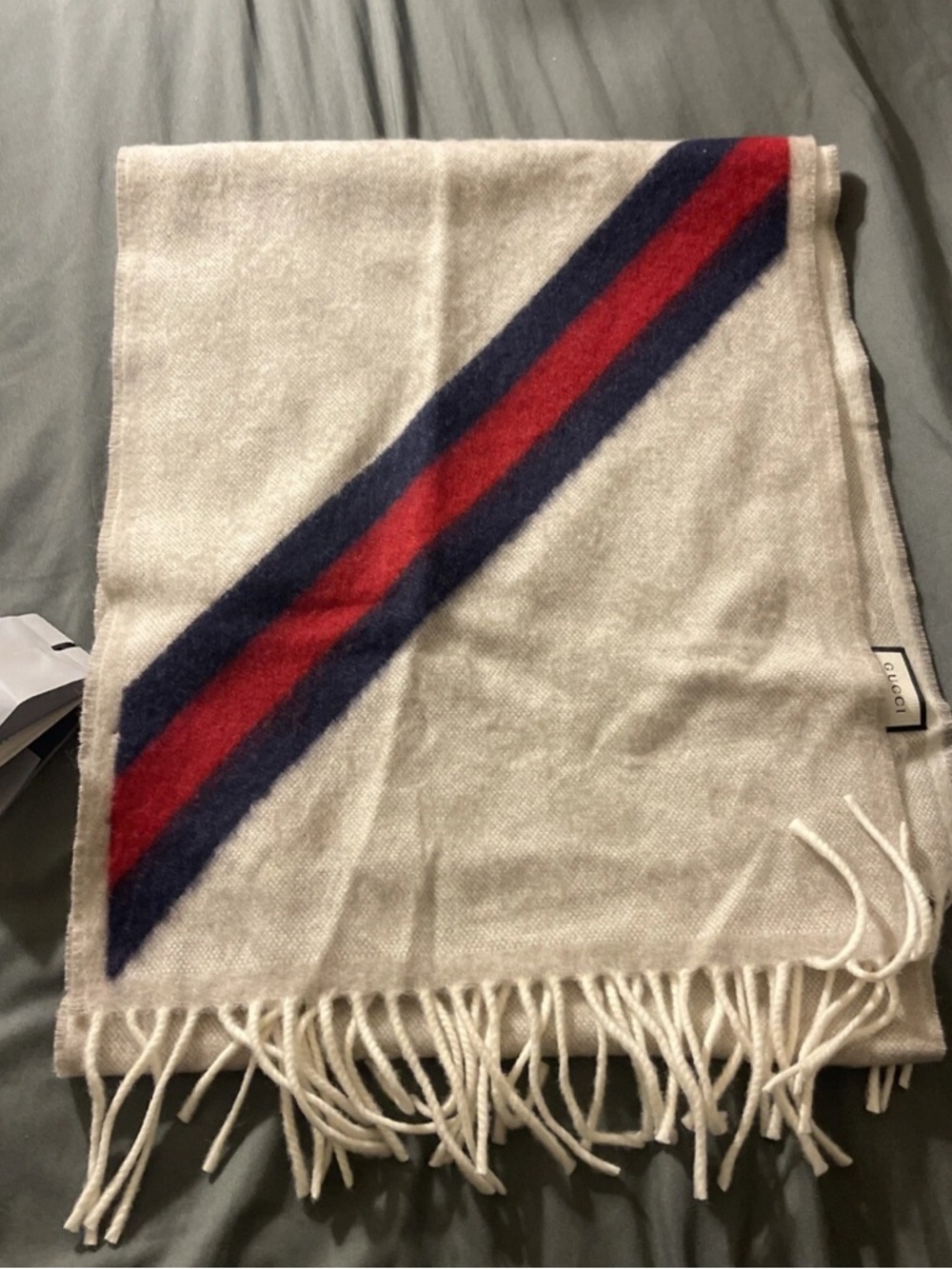 GUCCI 2023 570603 100% GG pattern web line fringe scarf light beige 37